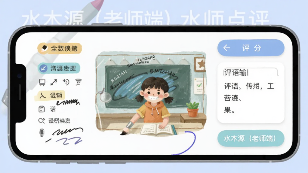 画面主体为手机屏幕展示作业点评界面,布局为作品图片居中、批注工具与评分栏分布两侧,排版采用上下结构,风格为清爽工具类插画,细节包括画笔批注痕迹、分数标签与评语输入框,画质清晰干净、无多余元素,画面中打文字“水木源(老师端)”