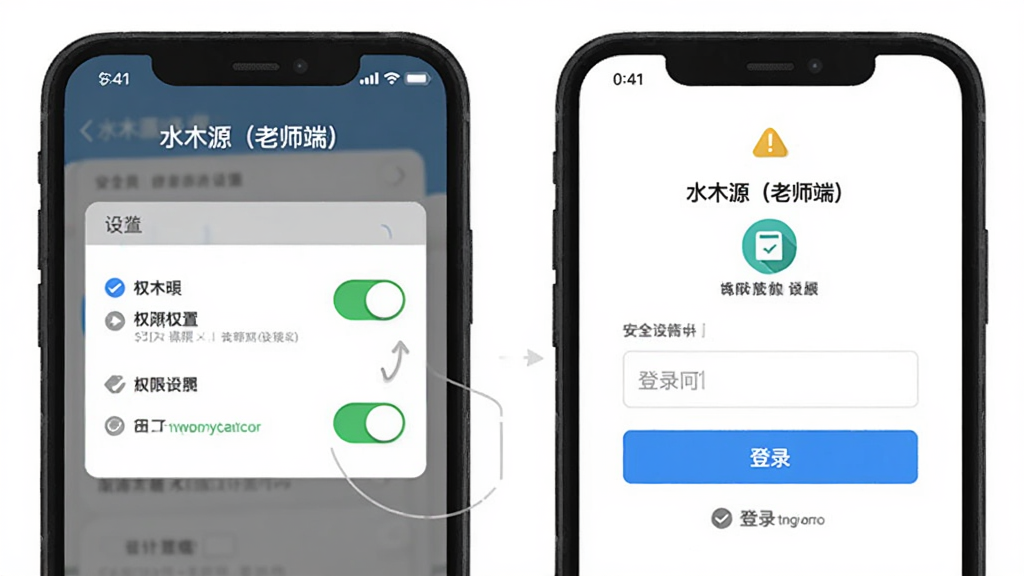 画面主体为手机屏幕展示安装权限设置界面与登录页面,布局为两部手机并排展示不同操作步骤,排版采用步骤引导式构图,风格为简洁教程插画,细节包括权限开关按钮、登录输入框与安全提示图标,画质清晰干净、无多余元素,画面中打文字“水木源(老师端)”