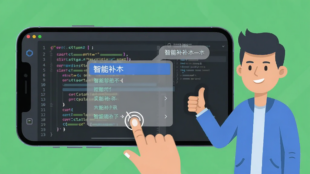 画面主体为一部手机横屏展示代码编辑界面,屏幕上出现半透明的智能补全建议列表,旁边有一位卡通开发者形象竖起大拇指,布局为左中右三段式,排版宽松,风格清爽扁平,细节包含代码高亮色块、补全气泡、手指点击动作,画质干净清晰,无杂乱元素