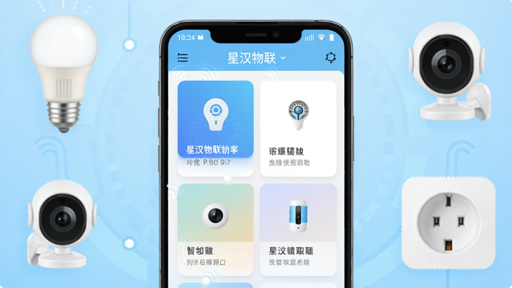 画面中央放置一部安卓手机,手机屏幕显示星汉物联应用主界面,界面内有多个智能设备卡片图标整齐排列,手机周围环绕智能灯泡、摄像头、插座等设备图标,背景为浅蓝色渐变科技风格,布局居中对称,细节清晰,画质干净,无多余元素