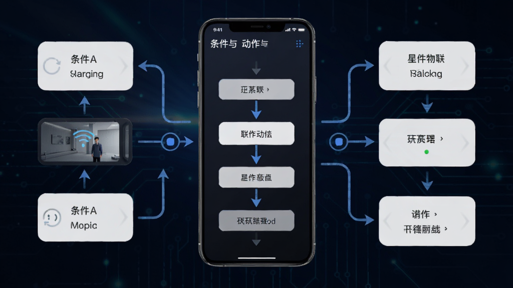 星汉物联场景联动设置界面截图风格示意图,画面中手机屏幕显示条件与动作的连线配置图,周围有箭头与节点元素,背景为深色科技感渐变,布局突出中心屏幕,风格现代简洁,画质清晰干净