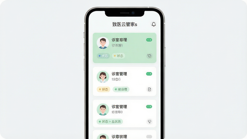主体为一台竖屏手机,屏幕内呈现模块化卡片式诊室管理界面,布局为上下分区、卡片纵向排列,排版整齐留白充足,风格为现代简约医疗UI风格,细节包含浅绿色与白色搭配的卡片、圆形头像图标与状态标签,屏幕上方以细体字标注“致医云管家s”,画质清晰,画面干净,无多余元素