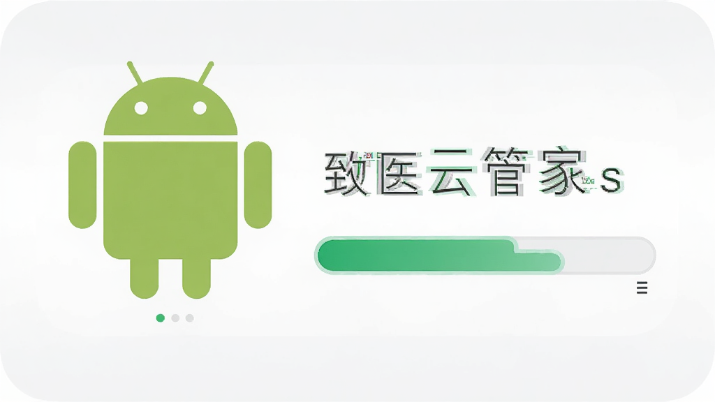主体为一个安卓机器人图标与手机安装进度条组合,布局为左右对称构图,排版上图标与进度条形成视觉平衡,风格为扁平化科技插画,细节包含浅灰色背景、绿色进度条与圆角矩形卡片,画面中央以细体字标注“致医云管家s”,画质高清,画面干净,无多余元素