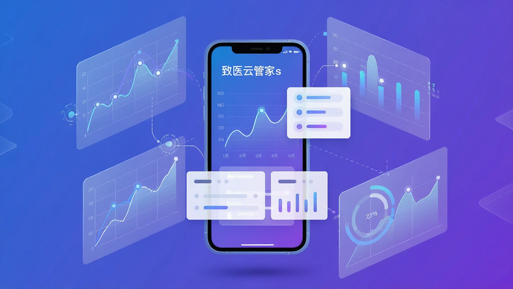 主体为悬浮的手机与数据图表组合,屏幕内展示折线图与统计卡片,布局为手机居中、图表环绕四周,排版上图表以半透明方式叠加,风格为科技感数据可视化插画,细节包含蓝紫色渐变背景、细线网格与圆形数据节点,画面中以细体字书写“致医云管家s”,画质清晰,画面干净,无多余元素
