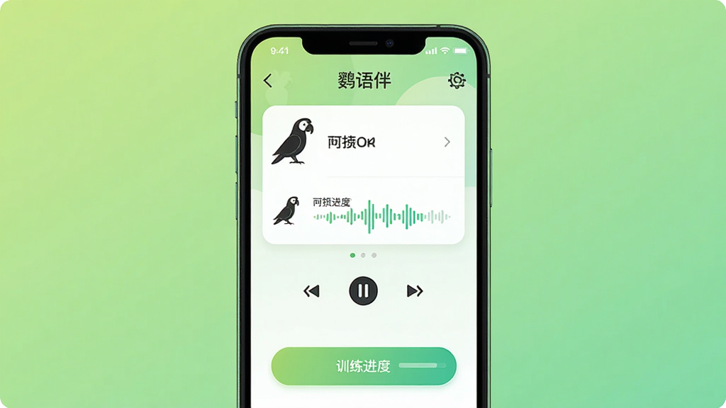 画面主体为一款名为“鹦语伴”的手机应用界面展示,布局采用居中构图,手机屏幕内呈现鹦鹉叫声播放列表与互动按钮,背景为浅绿色渐变,排版简洁清晰,风格为扁平化现代UI插画,细节包含鹦鹉剪影图标、声波图形与训练进度条,画质高清、干净、无多余元素
