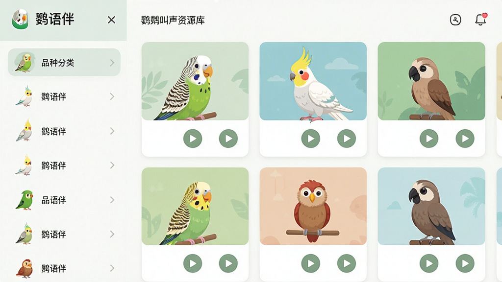 画面主体为“鹦语伴”应用内的鹦鹉叫声资源库页面,布局为左侧品种分类栏加右侧音频卡片网格,排版整齐有序,风格为清爽浅色系扁平插画,细节包含虎皮鹦鹉、玄凤鹦鹉等品种小图标与播放按钮,画质高清、干净、无多余元素