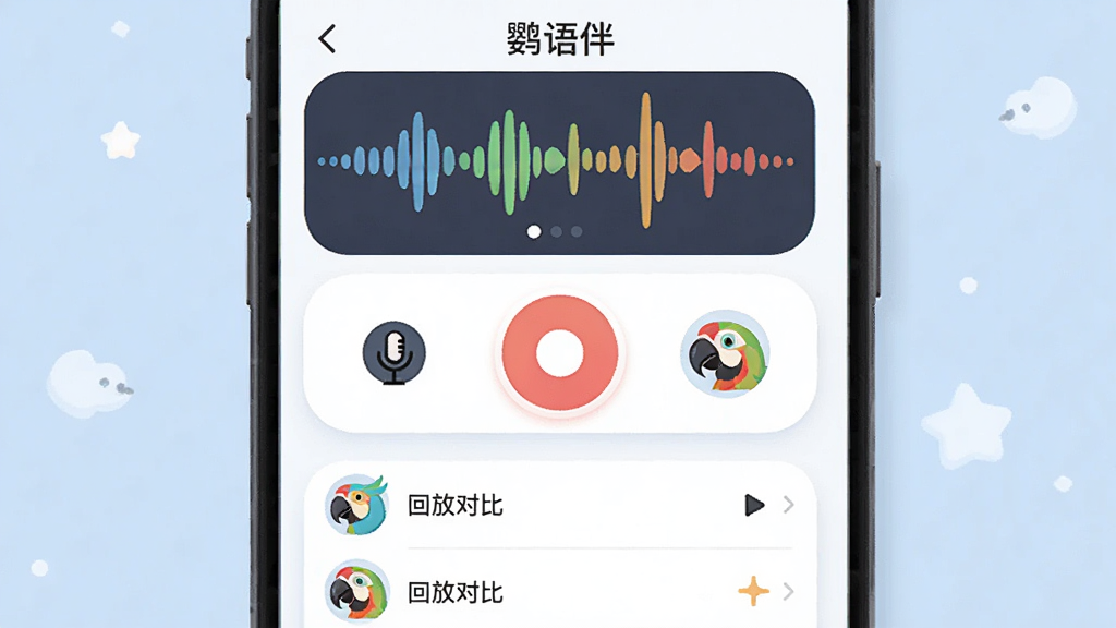 画面主体为“鹦语伴”应用录音互动界面,布局为上方波形显示区、中部录音按钮、下方回放对比列表,排版清晰对称,风格为柔和圆角卡片式UI插画,细节包含麦克风图标、声波曲线与鹦鹉头像,画质高清、干净、无多余元素