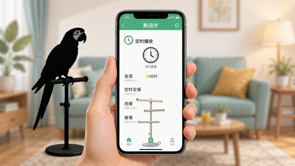 画面主体为“鹦语伴”应用在手机上的使用场景示意图,布局为一只手握持手机、屏幕显示定时播放设置页面,背景为居家客厅虚化场景,排版突出手机屏幕内容,风格为写实生活插画,细节包含鹦鹉站在支架上的剪影与时钟图标,画质高清、干净、无多余元素