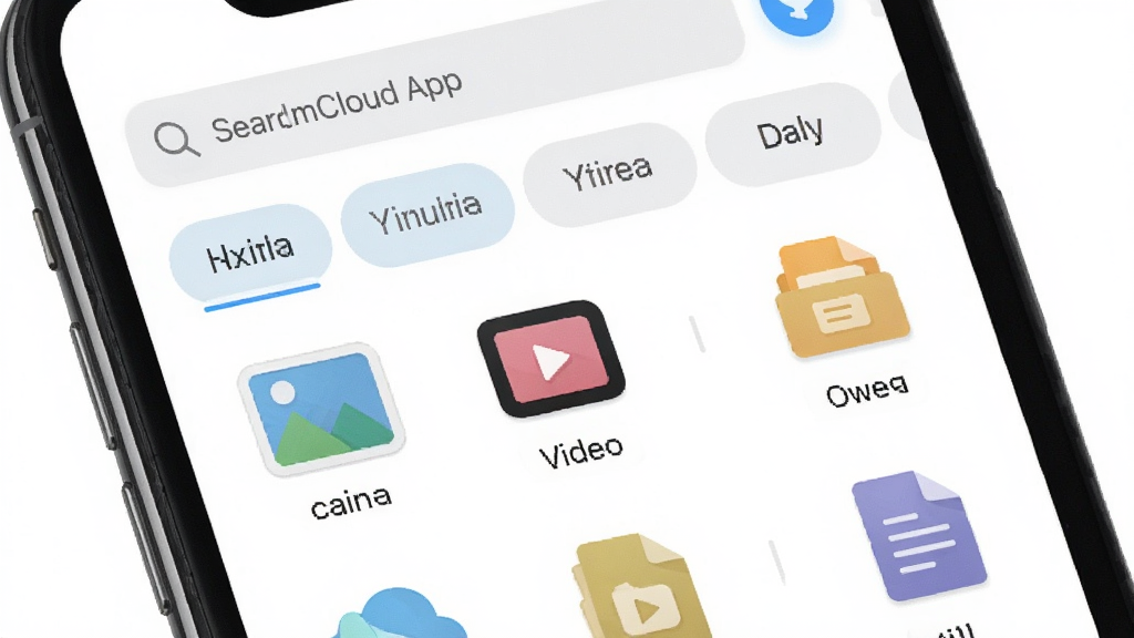 一张展示云宝ImCloud App文件分类检索界面的图,主体为手机屏幕特写,布局为上方搜索框、下方分类标签与文件网格列表,排版整齐有序,风格为清爽扁平UI风格,细节包括图片、视频、文档分类图标与搜索高亮效果,画质高清、干净、无多余元素