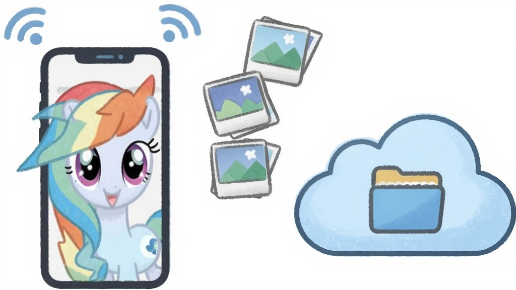 一张表现云宝ImCloud App相册自动备份功能的图,主体为手机与云端存储图标,布局为手机在左、云朵在右、中间有照片缩略图向上飘送,排版简洁,风格为柔和插画风,细节包含Wi-Fi标识与相册文件夹图标,画质清晰、干净、无多余元素