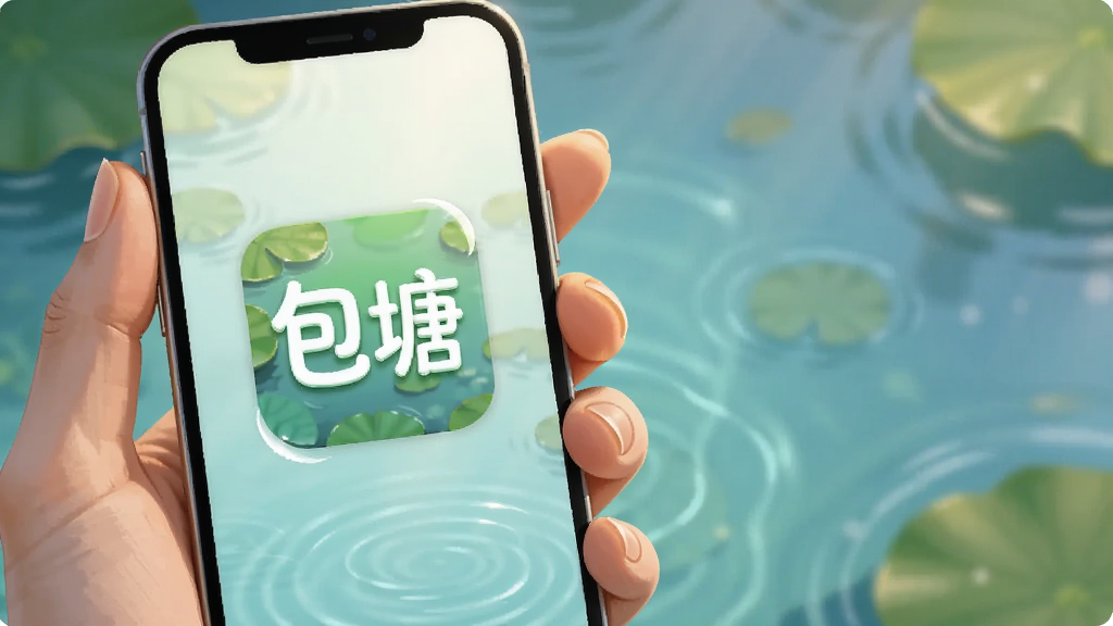 主体为一只手掌托着手机,手机屏幕上显示“包塘”字样的启动图标和池塘背景,布局为手掌与手机占据画面中心偏左,右侧留白,排版突出产品主体,风格为柔和写实插画,细节包含指尖光影、图标边缘的圆角高光和淡淡的池塘水纹,画质清晰、画面干净、无多余元素