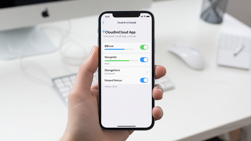 一张展示云宝ImCloud App在手机上完成安装后首次打开设置界面的场景图,主体为手持手机、屏幕显示备份开关与存储路径设置项,布局为手机居中、背景为简洁桌面,排版突出设置列表,风格为写实科技风,细节包含Wi-Fi图标、存储空间条、开关按钮,画质高清、干净、无多余元素