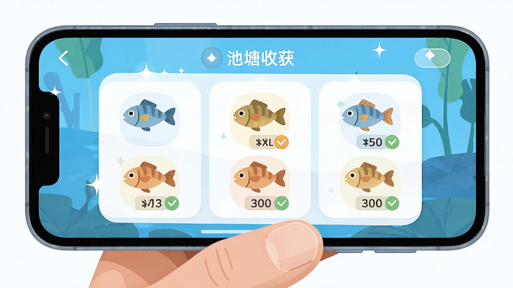 主体为一只手单手握持手机,屏幕显示池塘收获结算界面,界面中有几条鱼和数量标签,布局为手机竖屏充满画面、手指自然搭在屏幕下沿,排版聚焦屏幕内容,风格为明快扁平UI插画,细节包含结算面板的圆角卡片、鱼形图标和轻微的高光点缀,画质高清、画面干净、无多余元素