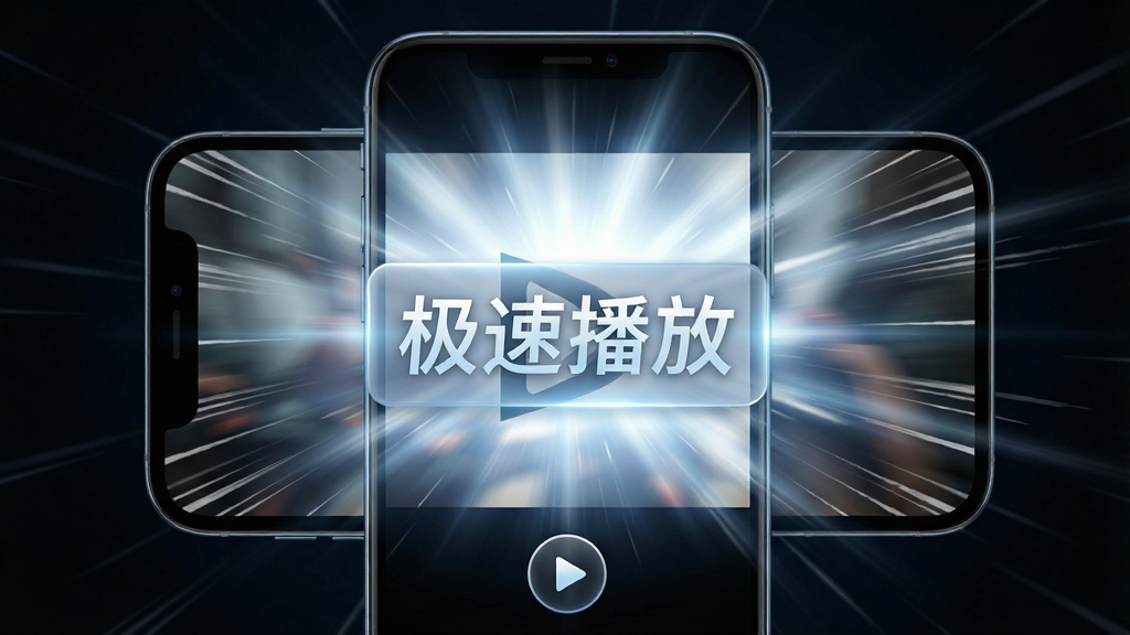 一张表现视频秒开播放概念的图片,画面主体是手机屏幕中一个视频画面瞬间亮起的特写,屏幕中央显示“极速播放”字样的半透明标识,布局为手机居中、光效从屏幕向外扩散,排版突出速度感,风格为科技感产品视觉,细节包括屏幕边缘的速度线条、播放按钮图标、深色背景衬托亮屏效果,画质高清、干净、无多余元素