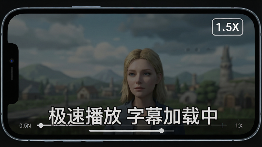 一张表现字幕与倍速功能的图片,画面主体是手机横屏播放界面,屏幕下方显示字幕文字“极速播放 字幕加载中”,右上角有“1.5X”倍速标识,布局为横屏手机居中展示,排版突出播放界面细节,风格为真实产品截图风,细节包括字幕文字的白色描边、进度条上的时间刻度、界面四周的暗色背景,画质高清、干净、无多余元素