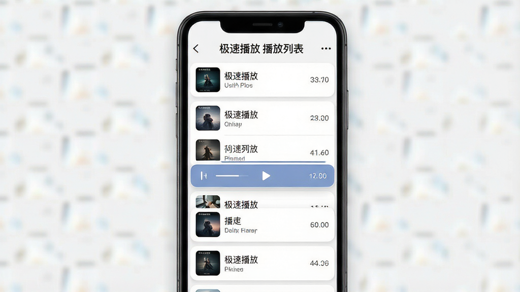 一张表现播放列表管理的图片,画面主体是手机屏幕中显示一个纵向排列的播放列表,列表项带有缩略图和文件名,顶部标题为“极速播放 播放列表”,布局为手机竖屏居中,排版整齐有序,风格为简洁列表式UI展示风,细节包括列表项的圆角卡片、播放中的高亮条目、右侧的时长标注,画质高清、干净、无多余元素