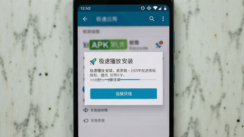一张展示手机安装APK应用过程的图片,画面主体是一部安卓手机屏幕显示安装确认弹窗,弹窗标题为“极速播放 安装”,布局为手机竖屏居中、弹窗占据屏幕中部,排版清晰突出安装按钮,风格为真实系统界面截图风,细节包括权限提示文字、安装进度条、手机状态栏图标,画质高清、干净、无多余元素