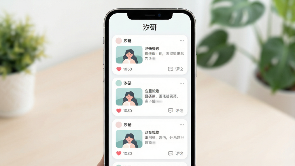 画面主体为手机屏幕展示动态信息流页面,顶部有“汐研”标题栏,页面内排列多条带图片与文字的动态卡片,卡片下方有点赞与评论图标,布局为手机居中、卡片纵向堆叠,排版整齐留白合理,风格为清新社交类UI插画,细节上卡片圆角柔和、配色淡雅、图标线条简洁,背景为浅色桌面与绿植虚影,画质高清干净、无多余元素