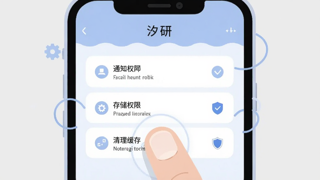 画面主体为一部手机屏幕展示“汐研”设置页面,页面内可见通知权限、存储权限与清理缓存等选项,布局为手机居中、手指轻触屏幕的示意动作,排版简洁清晰,风格为扁平化操作指引插画,细节上界面元素圆角、配色淡蓝与白色为主、旁边配有小齿轮与盾牌图标,背景为浅灰纯色,画质高清干净、无多余元素