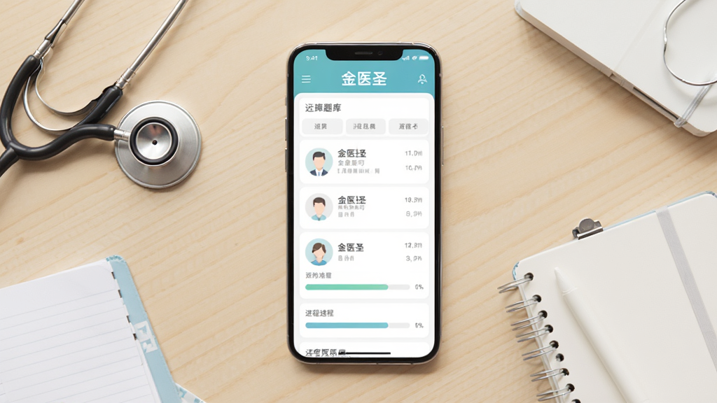主体为一部智能手机正面展示医学学习类应用界面,布局上手机居中放置于浅色木质桌面,屏幕中呈现题库列表与进度条排版,风格为清爽简约的扁平化设计,细节包含听诊器与笔记本作为点缀道具,画质清晰干净无多余元素,画面中屏幕内文字标注
