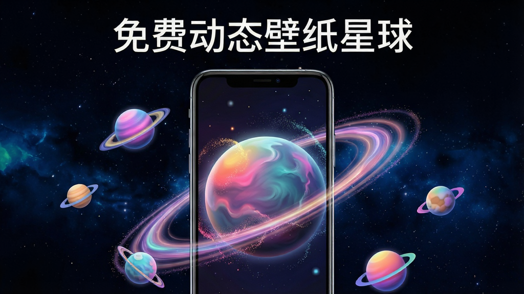 主体为一部现代智能手机,屏幕中显示着绚丽的动态星球壁纸效果,周围环绕着多颗不同风格的小星球图标;布局采用居中对称构图,手机位于画面正中央,背景为深邃的宇宙星空;排版简洁明了,顶部留白处用干净的无衬线字体写着“免费动态壁纸星球”;风格为科技感与梦幻感结合的3D渲染风;细节上星球表面有流动的光环、粒子特效和渐变色彩,手机边框带有轻微反光;画质为4K超高清,画面干净整洁,无多余杂乱元素