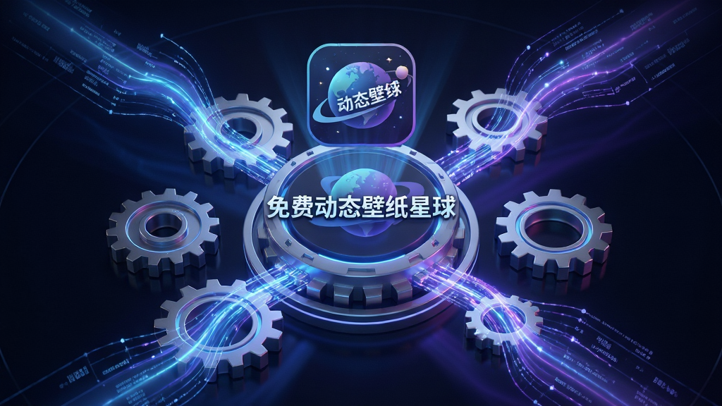 主体为软件内部的动态渲染引擎工作示意图,以抽象化的齿轮与光线流转表现渲染过程,中心位置显示“免费动态壁纸星球”的标识;布局采用中心辐射式构图,引擎核心位于画面中央,四周有数据流线条向外延伸;排版简洁,标识位于核心上方;风格为未来科技感;细节上光线呈现蓝紫色渐变,齿轮带有金属质感与微光;画质为高清渲染图,画面干净,无多余文字与元素