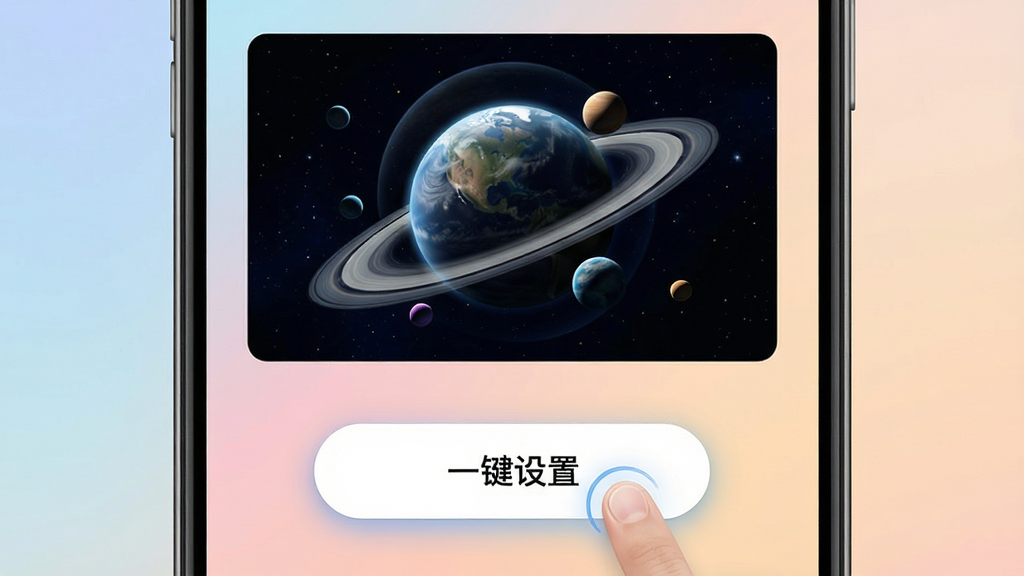 主体为手机屏幕特写,屏幕上显示着动态壁纸预览界面,界面下方有一个醒目的“一键设置”按钮,按钮旁有手指点击的示意动作;布局为手机竖屏居中展示,背景为柔和的渐变色;排版突出按钮与预览画面;风格为简洁现代的移动端UI风格;细节上预览画面中星球壁纸正在动态旋转,按钮带有轻微按压反馈的光效;画质清晰,画面干净,无多余杂物