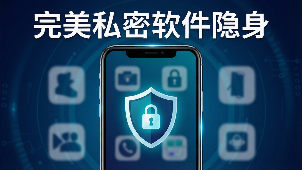 主体为一部智能手机屏幕中央显示一个带锁的盾牌图标,周围环绕着被隐藏的应用图标剪影;布局采用居中构图,手机竖立,背景为深蓝渐变科技感光晕;排版简洁,上方留白放置软件名称文字“完美私密软件隐身”;风格为扁平化科技插画,配色以深蓝、青色、白色为主;细节包括盾牌上的锁孔发光、应用图标呈半透明模糊状、手机边框有细微高光;画质清晰锐利,干净无多余元素,整体视觉专业可信,适合下载站配图