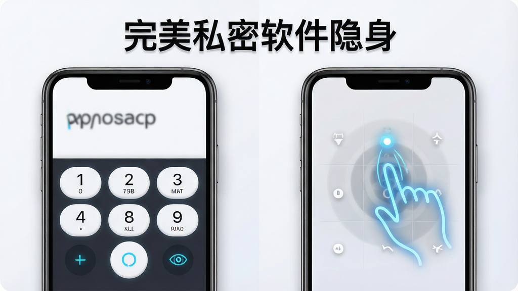 主体为手机屏幕展示密码输入界面与手势图案解锁界面并排;布局为左右分屏对比,左侧数字键盘,右侧九宫格手势轨迹;排版清晰,上方有“完美私密软件隐身”标题文字;风格为现代UI界面展示图,浅色背景;细节包括密码键盘按键圆角、手势轨迹带光效、界面边缘有轻微阴影;画质高清,干净整洁,无多余装饰元素