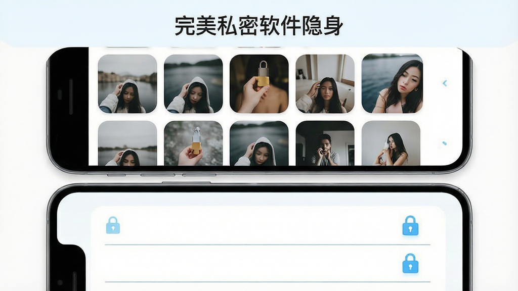 主体为手机屏幕显示私密相册网格界面与文件保险箱列表界面;布局为上下两层展示,上层相册缩略图网格,下层文件列表带锁形图标;排版整齐,顶部有“完美私密软件隐身”字样;风格为清爽扁平化UI设计,白色背景配淡蓝色点缀;细节包括缩略图圆角、锁图标高亮、列表分隔线细腻;画质清晰,干净无杂乱元素