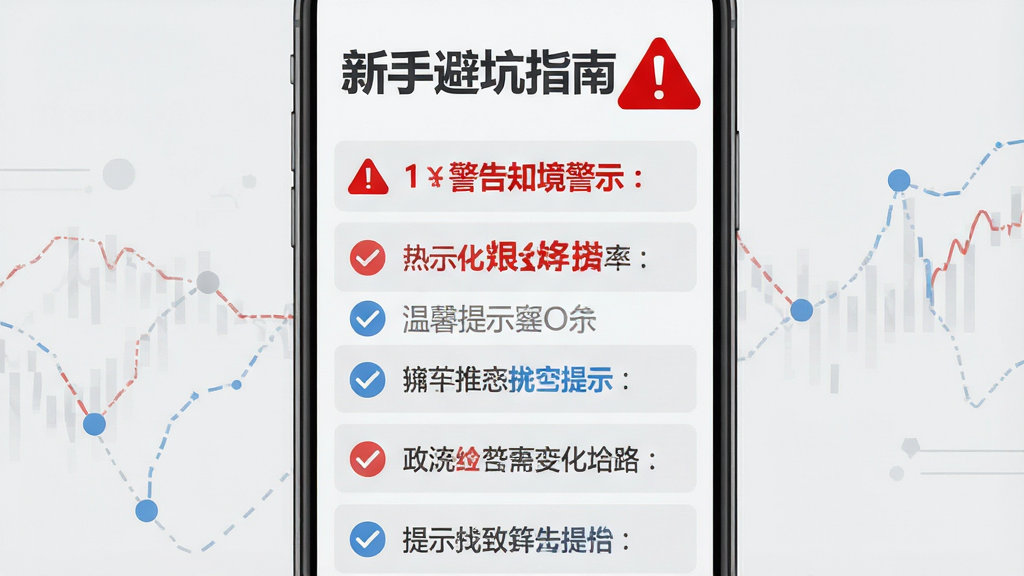 主体为手机屏幕显示“新手避坑指南”文字列表与一个醒目的红色警告图标;布局为纵向列表排版,顶部标题,下方逐条提示带勾选或警告符号;风格为信息图表式设计,浅灰背景配红蓝点缀;细节包括红色加粗警告文字、蓝色优化提示、灰色温馨提示分层清晰;画质干净,文字锐利,无多余装饰