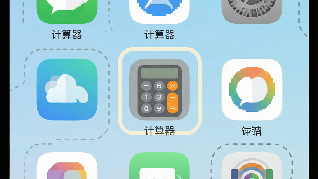 主体是手机桌面网格视图,其中一个应用图标显示为灰色计算器样式,旁边标注文字“计算器”;布局为九宫格图标排列,该图标位于第二行第二列并被浅色方框圈出;排版为UI界面展示;风格为清爽扁平化手机主题展示;细节包括图标圆角、桌面壁纸淡蓝渐变、方框虚线描边;画质高清,画面干净,无多余元素