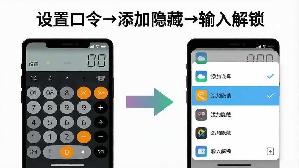 主体是一张信息图表式手机界面截图,左侧为计算器键盘,右侧为隐藏应用列表勾选面板,中间用箭头连接;布局为左右分栏对比;排版上方标题“设置口令→添加隐藏→输入解锁”;风格为简洁说明图;细节包括箭头渐变、勾选框高亮、列表缩略图标;画质清晰,画面干净,无多余元素