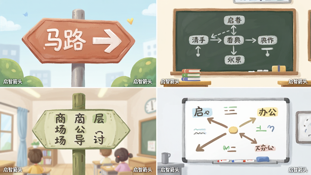 一张分格画面展示四种场景,分别是马路指示牌、商场楼层导视、课堂黑板上的流程图、办公室白板上的箭头标注,每格角落标注“启智箭头”小字,整体排版整齐,风格插画感强,色彩柔和,画质清晰干净