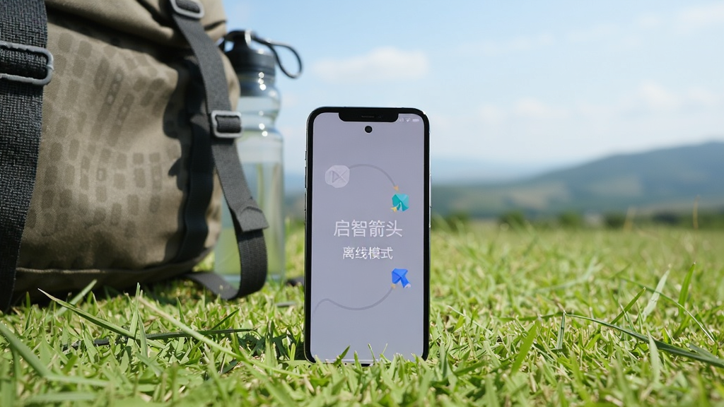 一部手机放置在户外草地上,屏幕显示“启智箭头”离线模式界面,旁边有背包与水壶,背景为自然风光,风格生活化写实,排版突出手机主体,画质明亮清晰,无杂乱元素