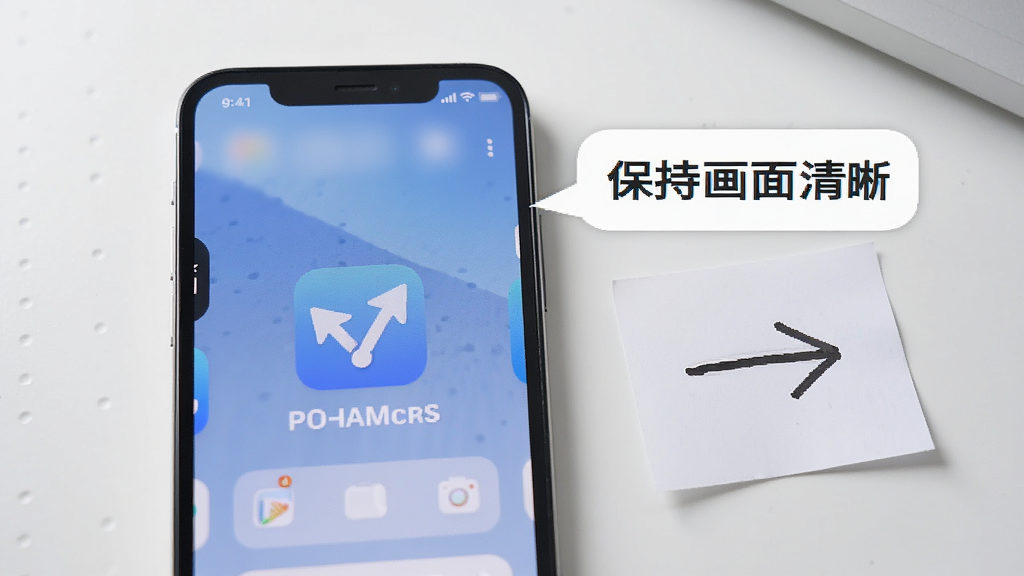 一部手机屏幕显示“启智箭头”应用界面,旁边放置一张写有箭头的纸条,画面中有提示气泡标注“保持画面清晰”,整体构图简洁,风格写实,画质干净明亮,无多余元素