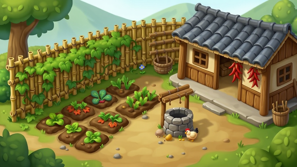 画面主体是一座卡通风格的乡村院落全景,左侧是爬满藤蔓的竹篱笆和几垄整齐的菜地,右侧是木质结构的农舍和挂着红辣椒的屋檐,院子中央有一口石井和一只正在啄食的小鸡,画面采用俯视微倾斜视角展现院落全貌,排版上院落占据画面主体,四周以树木和远山作为自然边框,风格为清新田园插画,色彩明亮柔和,细节处刻画瓦片、竹节和泥土质感,画质细腻干净,画面中不出现任何文字