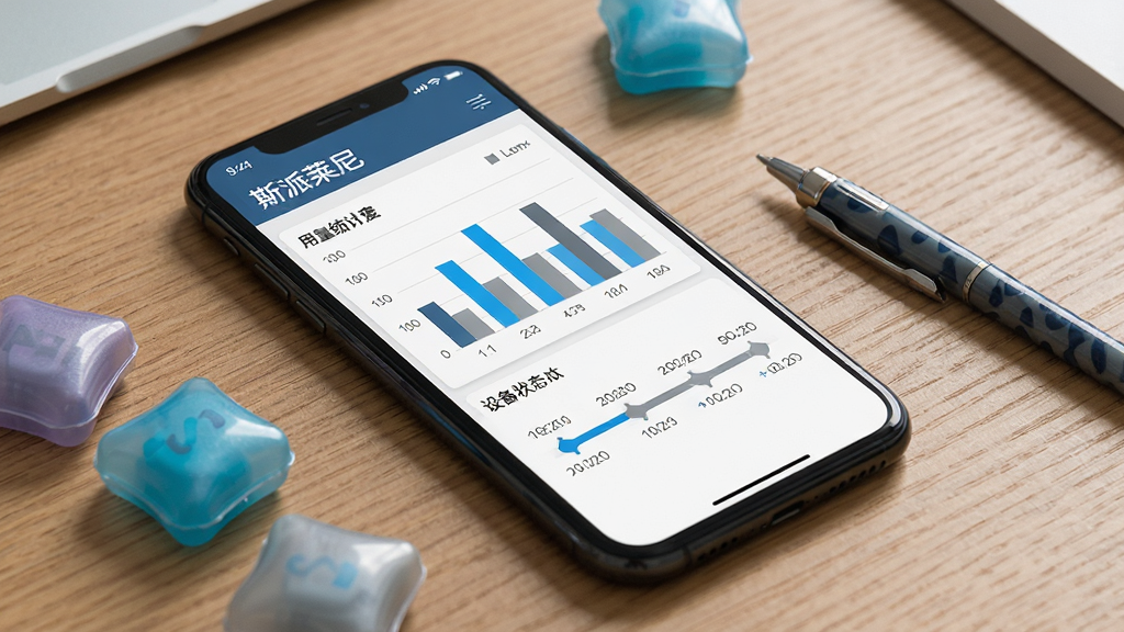 手机屏幕展示“斯派莱尼”运行监控图表页面,页面中包含柱状用量统计图与设备状态时间轴,手机放置在木质桌面上,旁边散落几颗洗衣凝珠与一支记录笔,整体风格为简约商务风,蓝灰配色,排版整齐,细节清晰,画质干净,无多余元素