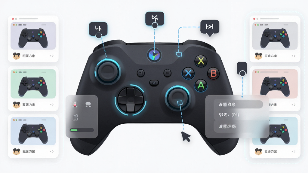 一张表现按键自定义界面的示意图。画面主体为一只游戏手柄的俯视图,手柄各按键上方浮现出可拖拽的虚拟按键图标与连线,布局上手柄居中,左右两侧分别排列着配置方案卡片。风格为扁平化UI设计风,细节包含按键高亮光效与半透明设置面板,画质干净清晰,无多余元素