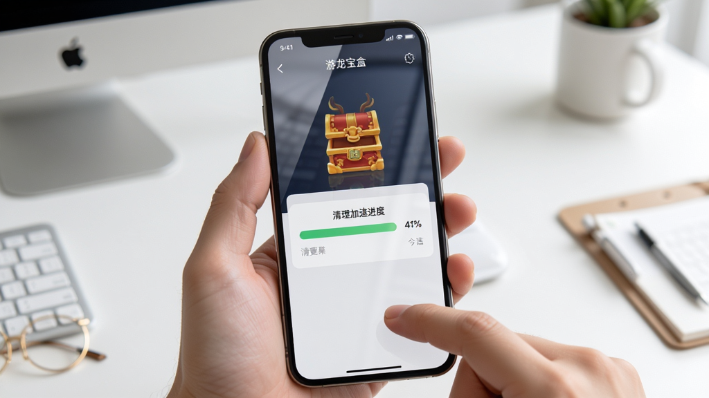 “游龙宝盒”移动端使用场景图,画面为一只手握持手机,屏幕显示宝盒工具界面与清理加速进度条,背景为简洁桌面环境,布局以手机为视觉中心,风格写实清新,细节表现屏幕反光与手指动作,画质清晰干净,无多余杂物