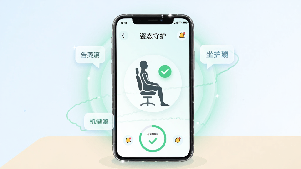 画面主体为一款智能手机,屏幕中央显示姿态守护应用主界面,界面中有一个人体坐姿轮廓图标与绿色对勾标记,手机周围环绕着淡淡的健康光环与坐姿提示气泡;布局采用居中对称构图,手机直立放置于浅色桌面,背景为柔和渐变浅蓝到白色;风格为清新科技感扁平插画,细节包括手机边缘的高光、界面上的圆形进度条与提醒铃铛小图标,画质干净清晰,无多余元素,图片中文字标注“姿态守护”