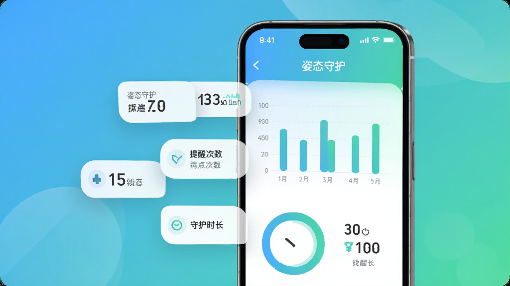 画面主体为手机界面展示姿态守护的数据统计页面,页面中有柱状图与环形进度条,图表颜色为蓝绿渐变,旁边配有小图标表示提醒次数与守护时长;布局为手机屏幕占据画面中心偏右,左侧留白处放置几个悬浮的数据标签;风格为现代简约UI展示风格,细节包括圆角卡片、柔和阴影与细线图标,画质清晰干净,图片中文字标注“姿态守护”