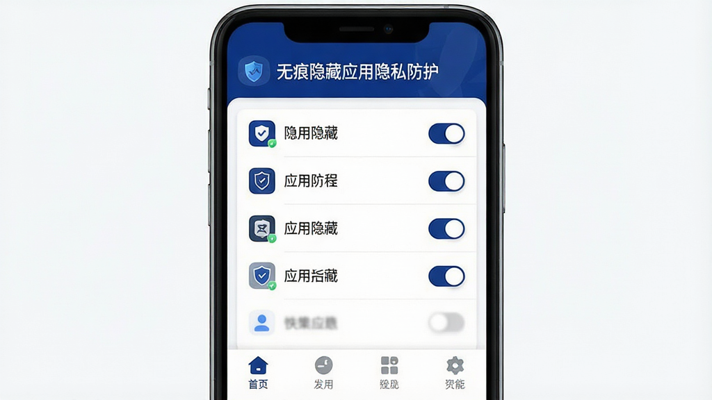 一张手机屏幕正面展示图,画面中央是“无痕隐藏应用隐私防护”软件主界面,布局为顶部软件名称标题栏,中部是应用隐藏列表与开关按钮,底部为功能导航栏,整体采用深蓝与白色搭配的科技安全风格,界面干净整洁,细节清晰,画质高清,无多余元素