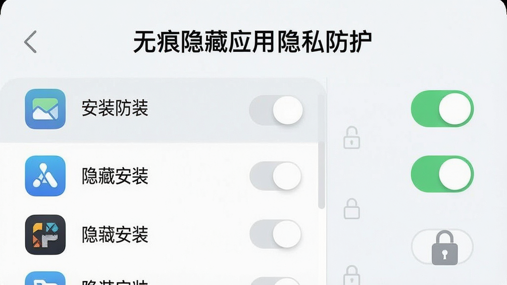 一张手机界面示意图,画面主体为“无痕隐藏应用隐私防护”的应用隐藏设置页,布局左侧为已安装应用列表,右侧为隐藏开关与锁形图标,排版整齐清晰,风格为简洁的浅色科技风,细节表现应用图标与开关状态,画质高清,干净无多余元素