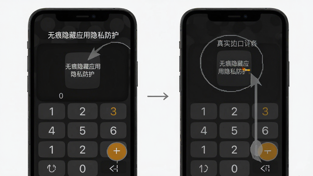 一张手机屏幕展示图,画面中“无痕隐藏应用隐私防护”以计算器样式的伪装入口呈现,布局为顶部标题与中部数字键盘区域,风格为低调简约的深色系,细节清晰展示伪装界面与真实入口的切换逻辑,画质高清,画面干净无多余元素