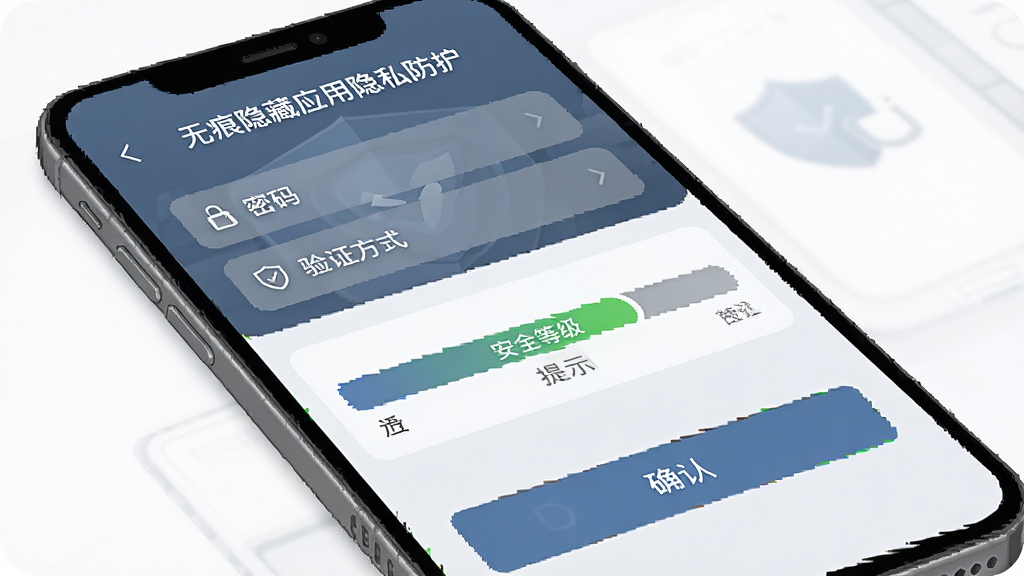 一张手机界面示意图,画面主体为“无痕隐藏应用隐私防护”的访问验证设置页,布局上方为密码与验证方式选项,中部为安全等级提示条,下方为确认按钮,风格为沉稳的蓝灰安全风,细节清晰呈现验证流程,画质高清,无多余元素