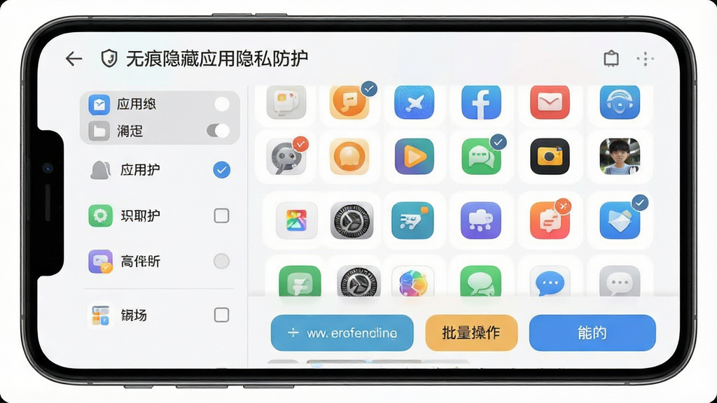 一张手机屏幕展示图,画面为“无痕隐藏应用隐私防护”的批量管理界面,布局左侧为应用分类标签,中部为多选应用网格,底部为批量操作按钮,风格为清爽的卡片式设计,细节表现勾选状态与分类图标,画质高清,干净整洁