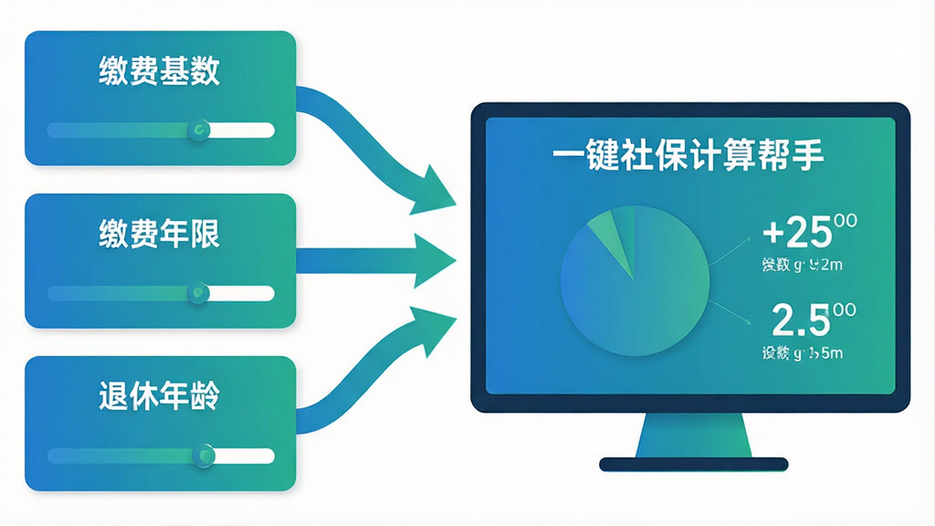 一张横向构图的信息图,左侧排列多个可调节的参数卡片,卡片上分别写着“缴费基数”“缴费年限”“退休年龄”,中间用箭头汇聚到右侧一块大屏幕上,屏幕上显示“一键社保计算帮手”的计算结果饼图与数字,整体为简洁的矢量信息图风格,配色以蓝绿渐变为主,背景纯白,画质干净清晰,无杂乱元素