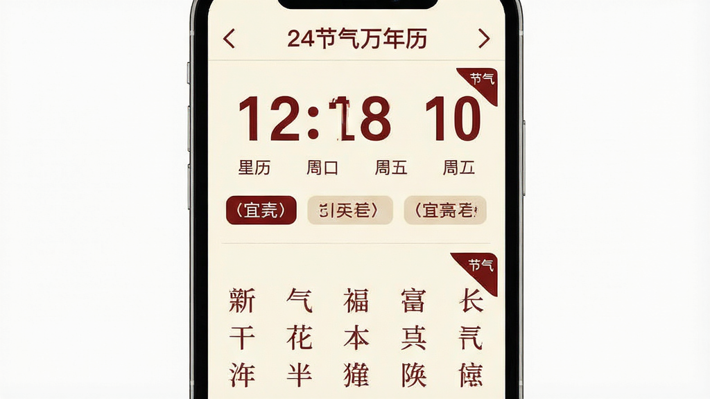 一张“24节气万年历”双历对照界面图,画面主体为手机竖屏展示日历页面,上半部分显示公历大数字日期与星期,下半部分显示农历小字、干支与生肖信息,页面配色为米白底配深红文字,布局为上下分栏结构,风格为简洁实用型移动端UI,细节包含月份切换箭头、宜忌小标签、节气角标,画质清晰干净无多余元素