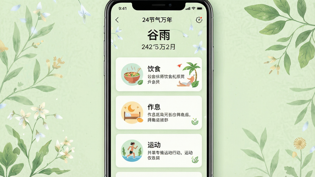 一张“24节气万年历”养生建议页面图,画面主体为手机屏幕展示节气详情页,页面顶部显示“谷雨”节气名称与日期,中部为养生建议卡片列表,包含饮食、作息、运动三类图标与简短文字说明,背景为淡绿色植物纹理,布局为卡片式纵向排列,风格为清新健康风UI,细节包含节气插画、分类图标、文字条目,画质清晰干净无多余元素